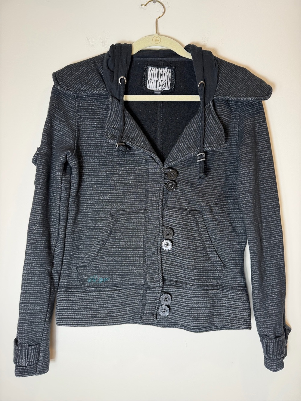 Volcom Black Gray Striped Hooded Jacket Y2K Skate Streetwear Size M